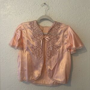 50s 60s vintage rare Miss Elaine satin peach lace bed jacket lingerie top M